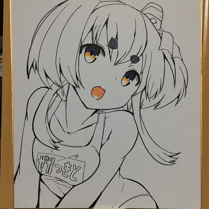 目と口を塗り
肌を3色使って塗り塗り
小物や水着のベースを塗り足しつつ、
髪の毛と奥側の足の線を描き足す方向にシフト。ぼんやりと色だけで表現するよりやっぱり線あった方が良いかなと。 