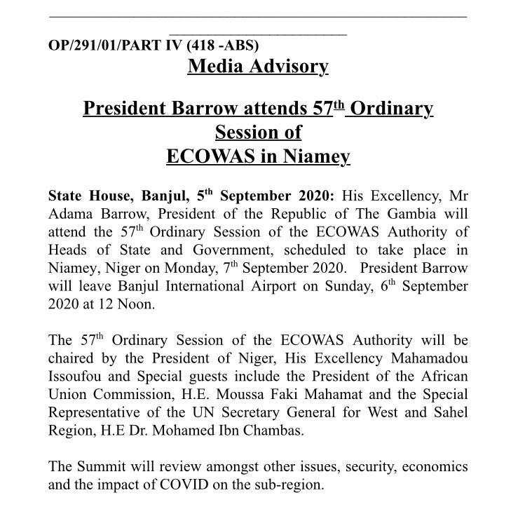 State House of The Gambia (@presidency_gmb) on Twitter photo <a href="/BarrowPresident/">President Barrow</a> will on Sunday 6th Sept leave Banjul to attend the 57th Ordinary Session of <a href="/ecowas_cedeao/">Ecowas - Cedeao</a>, scheduled to take place on Monday, September 7th in Niamey, Niger. <a href="/BarrowPresident/">President Barrow</a> will on Sunday 6th Sept leave Banjul to attend the 57th Ordinary Session of <a href="/ecowas_cedeao/">Ecowas - Cedeao</a>, scheduled to take place on Monday, September 7th in Niamey, Niger.