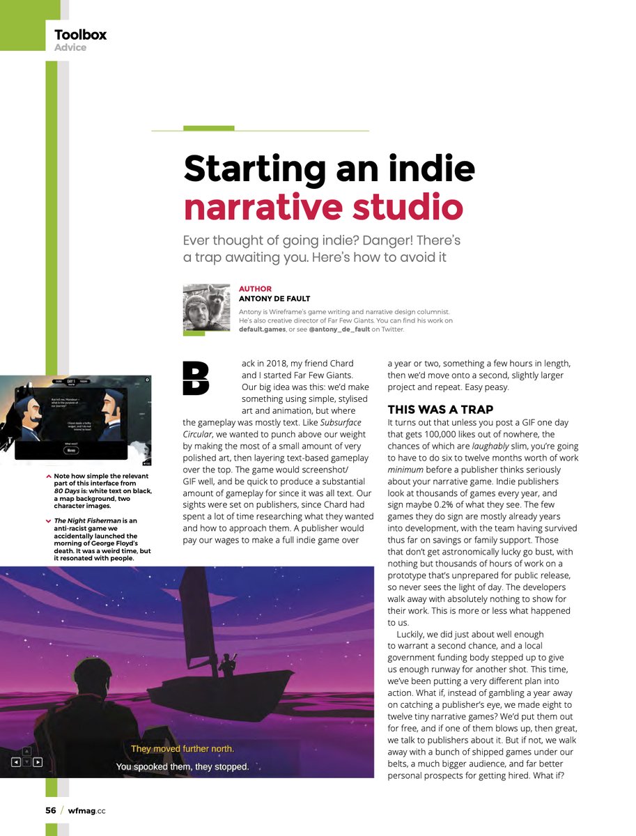 ARTICLE ALERT:On the indie publishing trap(!), and our planned solution.If you ever dream about starting a small narrative-game studio to make labours of love, reading this could save you actual *years*!Get the PDF free here:  http://wfmag.cc , 42, pp56-7 #gamewriting