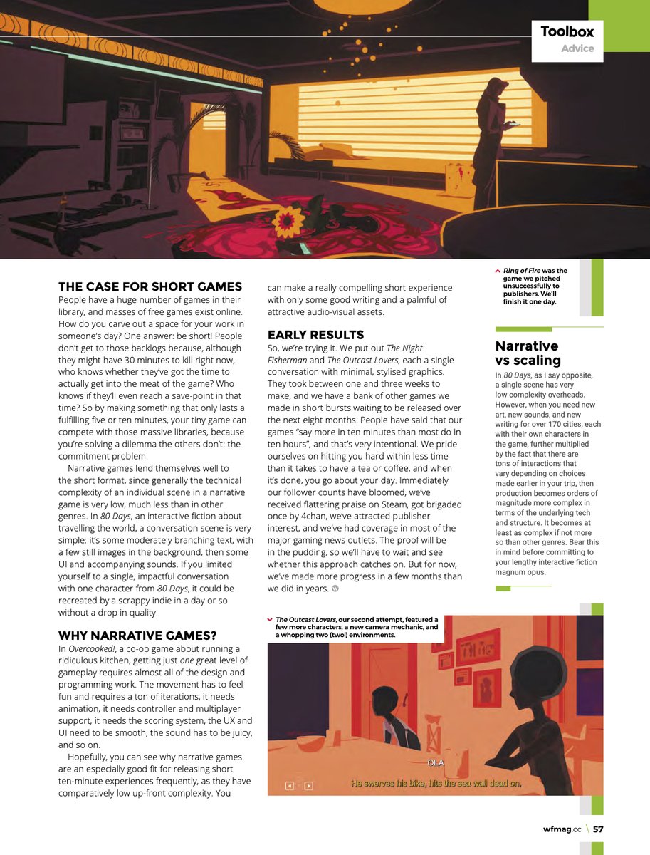 ARTICLE ALERT:On the indie publishing trap(!), and our planned solution.If you ever dream about starting a small narrative-game studio to make labours of love, reading this could save you actual *years*!Get the PDF free here:  http://wfmag.cc , 42, pp56-7 #gamewriting