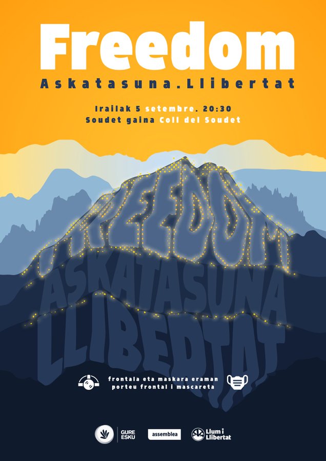 assemblea_int's tweet photo. ◼️◻️ @Gure_Esku, @Assemblea et @llumillibertat uniront leurs forces aujourd'hui soir, pendant le #tourdefrance, pour inscrire dans les airs le mot “Freedom” sur le Col du #Soudet en faveur de la liberté des peuples.

🗓️5/09, 20:30h

#CatalanWeek
https://t.co/XrLGMJKrkM https://t.co/1qnuFDXAPG