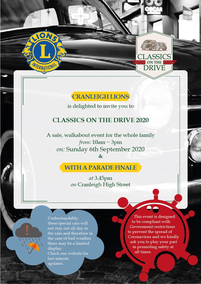 Classics on the Drives

60 Classic Cars displayed on private drives in Cranleigh tomorrow 6th September. A parade of cars along the high street at 3.45pm download the map and enter our grand draw. Details at Cranleighlions.org