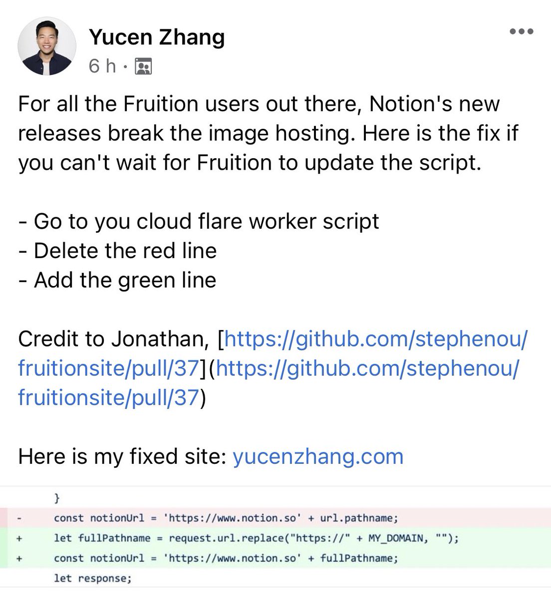 aNotioneer's tweet image. For anyone with a broken Fruition site at the moment, here’s the solution, from @Yucen_Z.