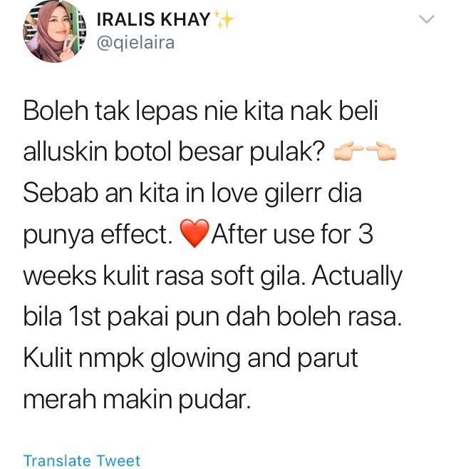 onlysheeeeeee's tweet photo. Ehem.. Belanja sikit Alluskin reviews from our #Allubabe 😘
Selain soft, smooth & glowing skin effect, Alluskin also helps in pudarkan parut tau.😉
Anything to ask? Nak order? Just click here okay!👇
https://t.co/cCDPDZiqkO https://t.co/flbaduuSkO