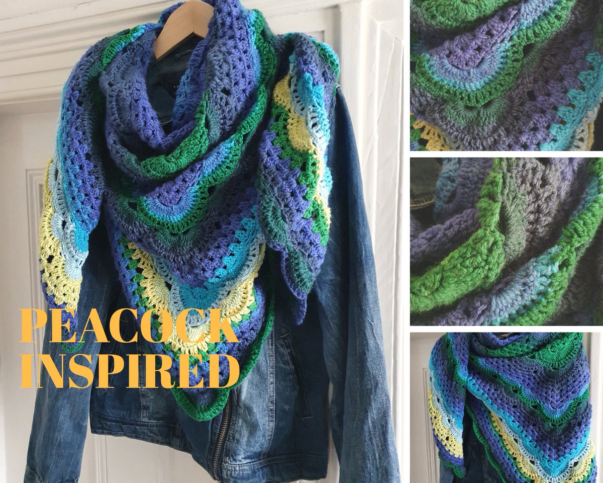 HookerBeardy's tweet photo. Think the splash of yellow really pops in the peacock inspired colourway of this triangle scarf / shawl.  #crochet #scarf https://t.co/GKjlMDVCuP