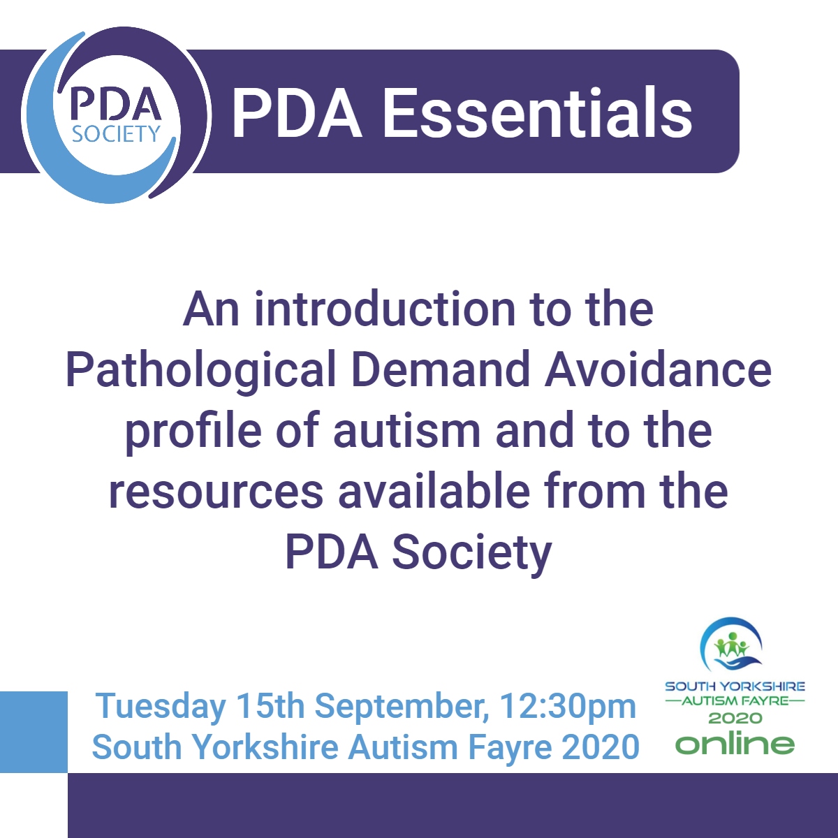 PDASociety's tweet photo. Our @SYautismfayre #PDA talk on 15/9 is free and will repeat 3 times at 12:30, 12:45 &amp; 13:00 to ensure as many people as possible can attend. If one session is full, pls join the next session. No ticket required, pls click the relevant Zoom link on the day https://t.co/HuypVxLq6Q https://t.co/450famZrf9