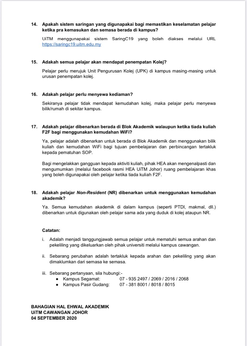 mppuitmcj's tweet photo. Berikut dimajukan soalan lazim (FAQ) berkaitan Hal Ehwal Akademik UiTM Cawangan Johor bagi sesi Oktober 2020 - Februari 2021. Mohon bantuan tuan/puan untuk menghebahkan perkara ini kepada para pelajar. https://t.co/XTNWQ9HGLR