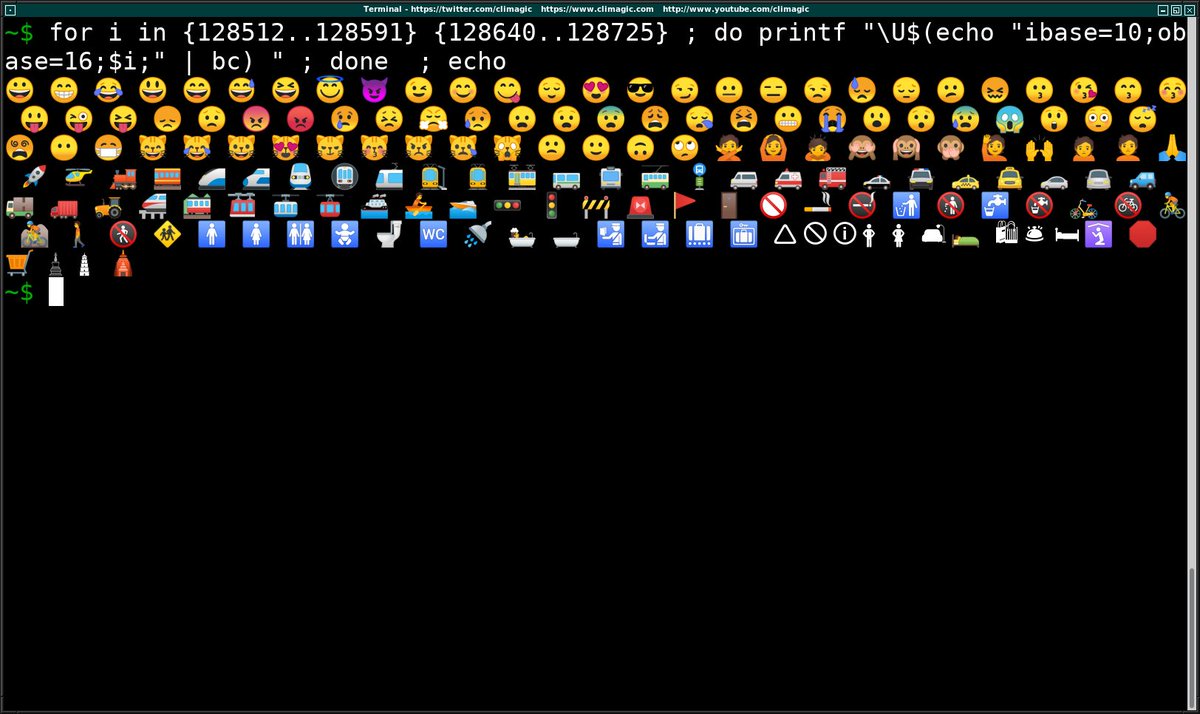 climagic's tweet photo. for i in {128512..128591} {128640..128725} ; do printf "\U$(echo "ibase=10;obase=16;$i;" | bc) " ; done ; echo # Your terminal in Linux may now support color emoji in case you didn't notice. 😵🙈 https://t.co/VecyC8YEBI
