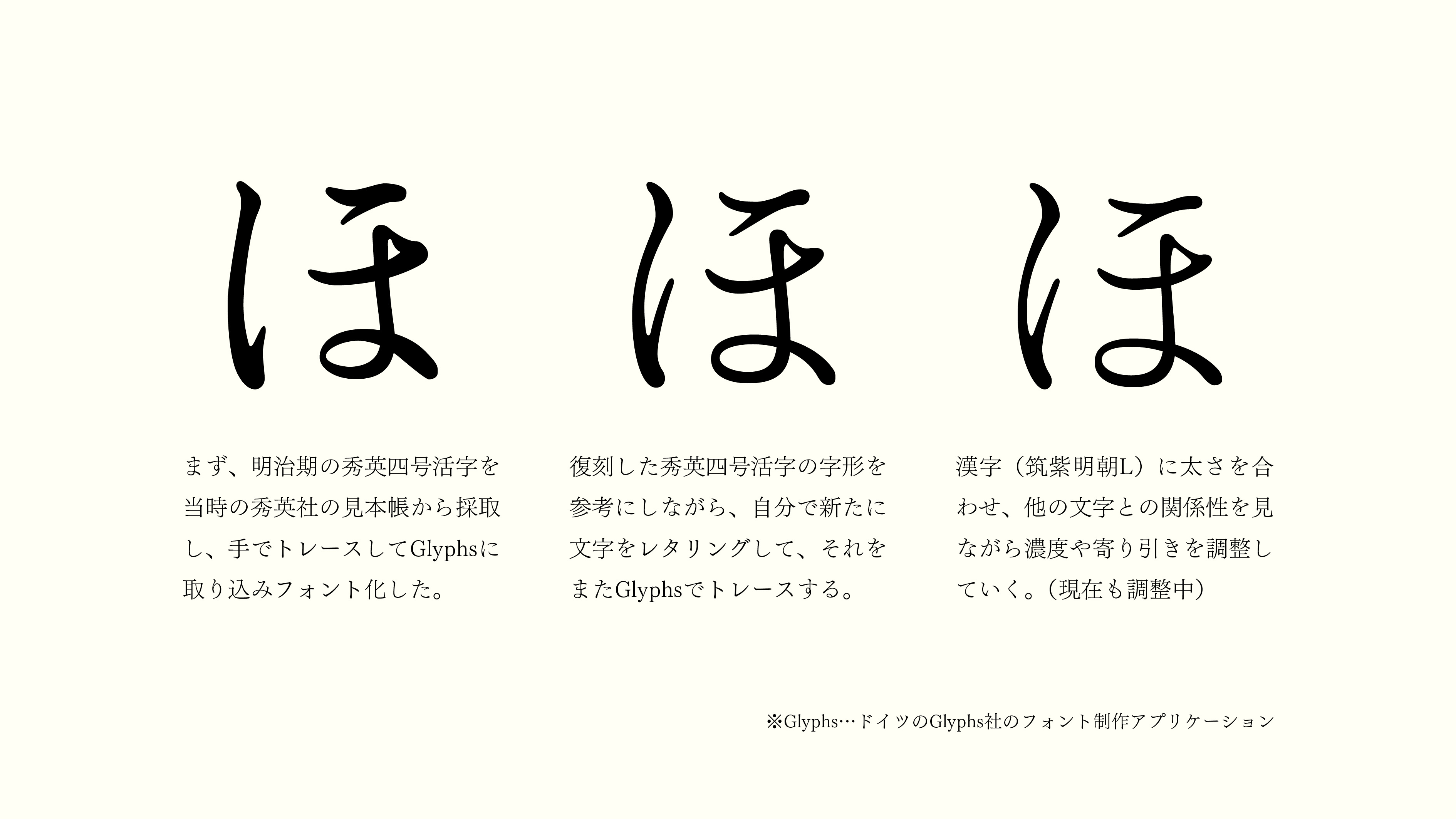 おラ Pa Twitter 大学の授業で明朝体用のかな書体を制作しました 書体制作は初めての経験で大変でしたが 文字を作ることでより文字について深く知ることのできるいい経験になりました これもまだまだ直し続けますが 書体制作は楽しいのでまた新しいものにも挑戦