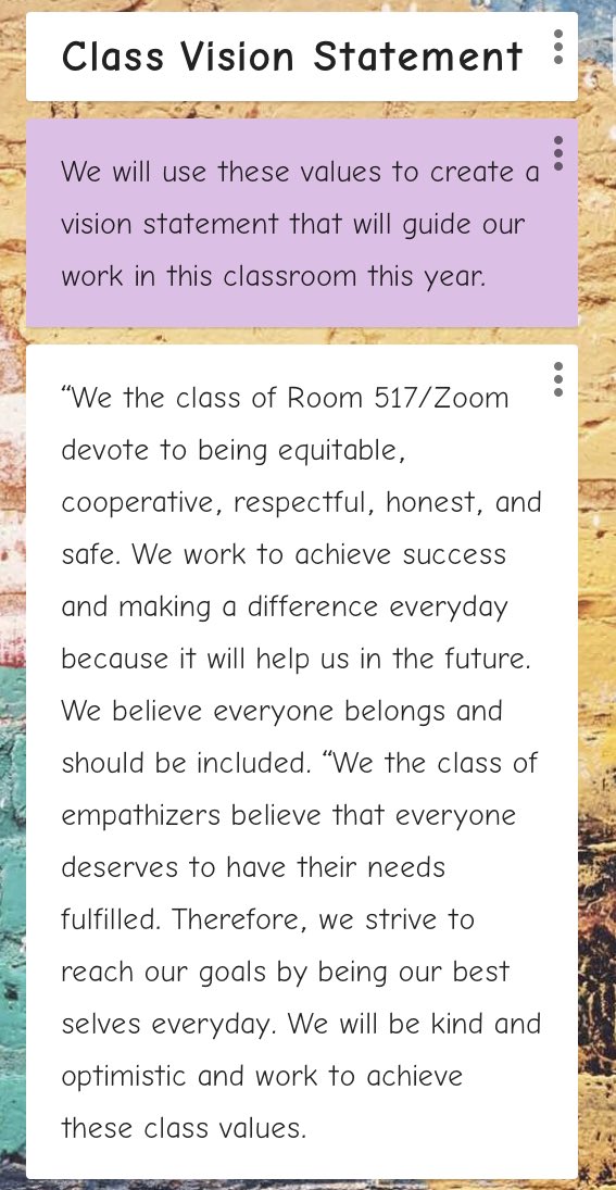 PaganoPosts's tweet photo. Good things take time... proud of the hard work my Ss engaged in this week identifying personal/school values, then coming together to determine our class values. Those values guided us in creating our class vision statement. #norules #liveinvision https://t.co/PDCukayaqH