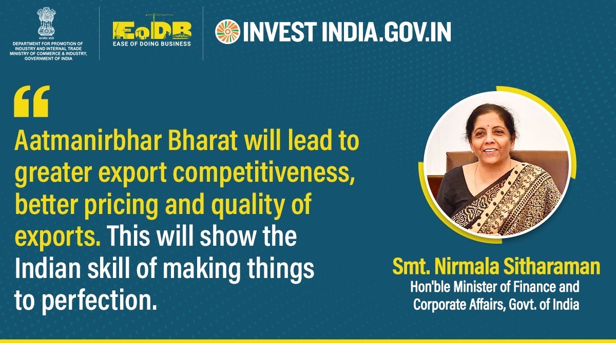 investindia's tweet photo. #StateEODBRankings

Smt. @nsitharaman highlighted that #AatmanirbharBharat is an excellent opportunity for the country to showcase its manufacturing prowess and ‘Make for the World’.

#InvestInIndia #EoDB #MakeInIndia @makeinindia https://t.co/c9K99Huhv6