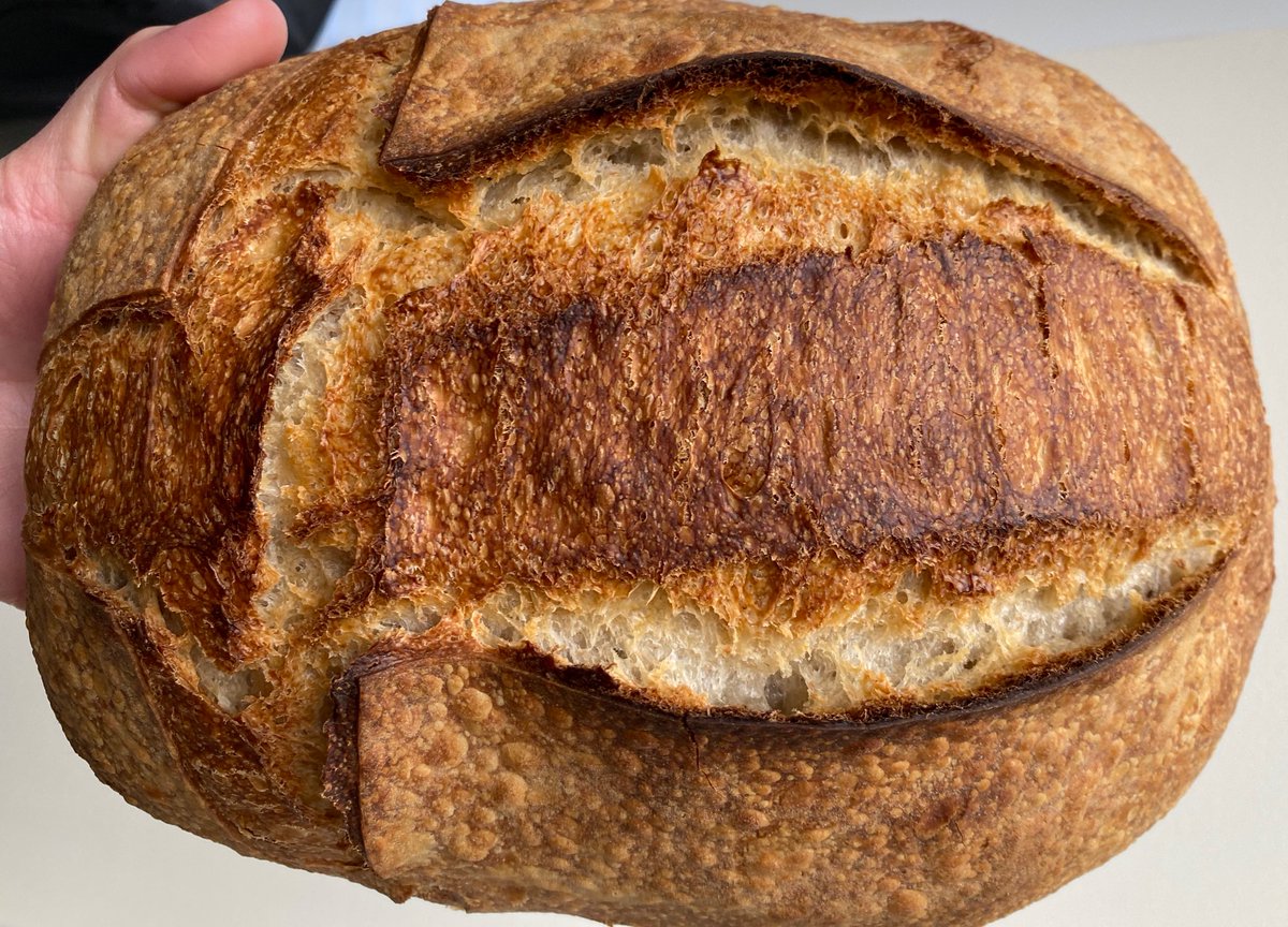 DaintyMonkey's tweet image. An update on the revived starter - it has now made a lovely loaf of sourdough which will see us through the weekend.  Not bad for an uninspiring looking jar of rubble I found in the back of a cupboard! #sourdough #realbread #breadchat