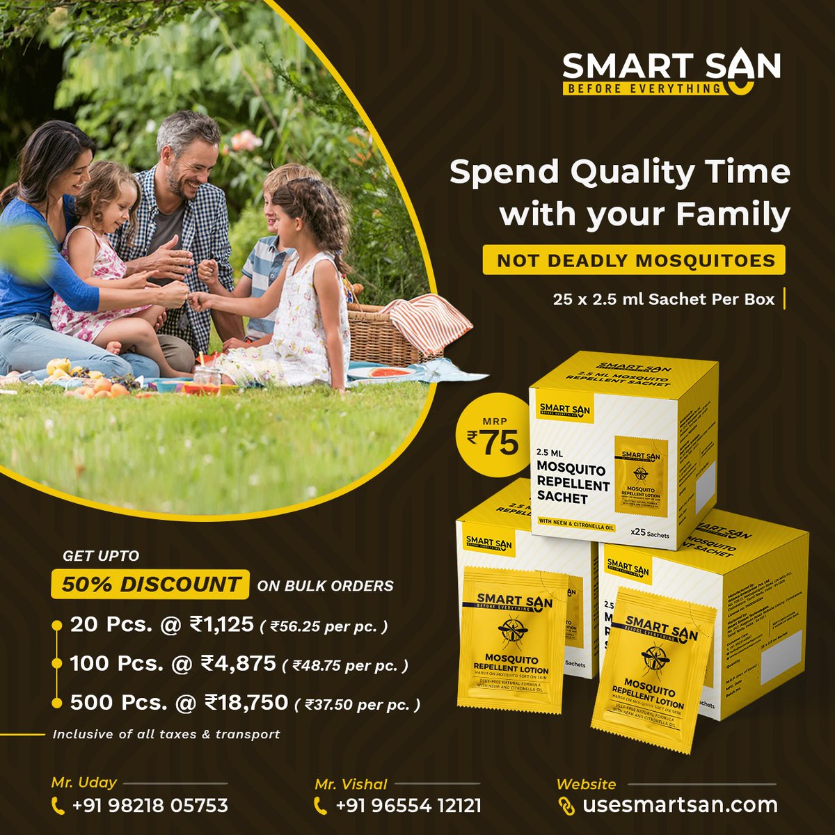 smartsanindia's tweet photo. Enjoy your family time with protection. Get Bulk discounts upto 50% on Mosquito Repellent Sachets (For Institutional Purpose).
For more details, contact Mr. Uday 9821805753.
#SmartSan #sanitizer #handsanitizer #stayhealthy #germfree #staysafe #sanitizersachet #mosquitorepellent https://t.co/y9e7YKuHNJ