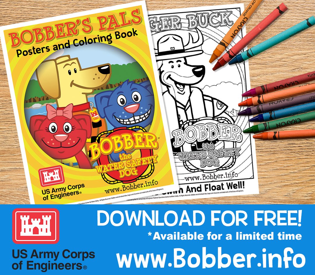 StPaulUSACE's tweet image. These NEW Bobber the Water Safety Dog posters &amp;amp; coloring sheets can help you teach water safety to your kids. Download them for FREE at Bobber.info. While you’re there, check out the cartoons in both English &amp;amp; Spanish and enjoy them with your kids. #USACEeducates