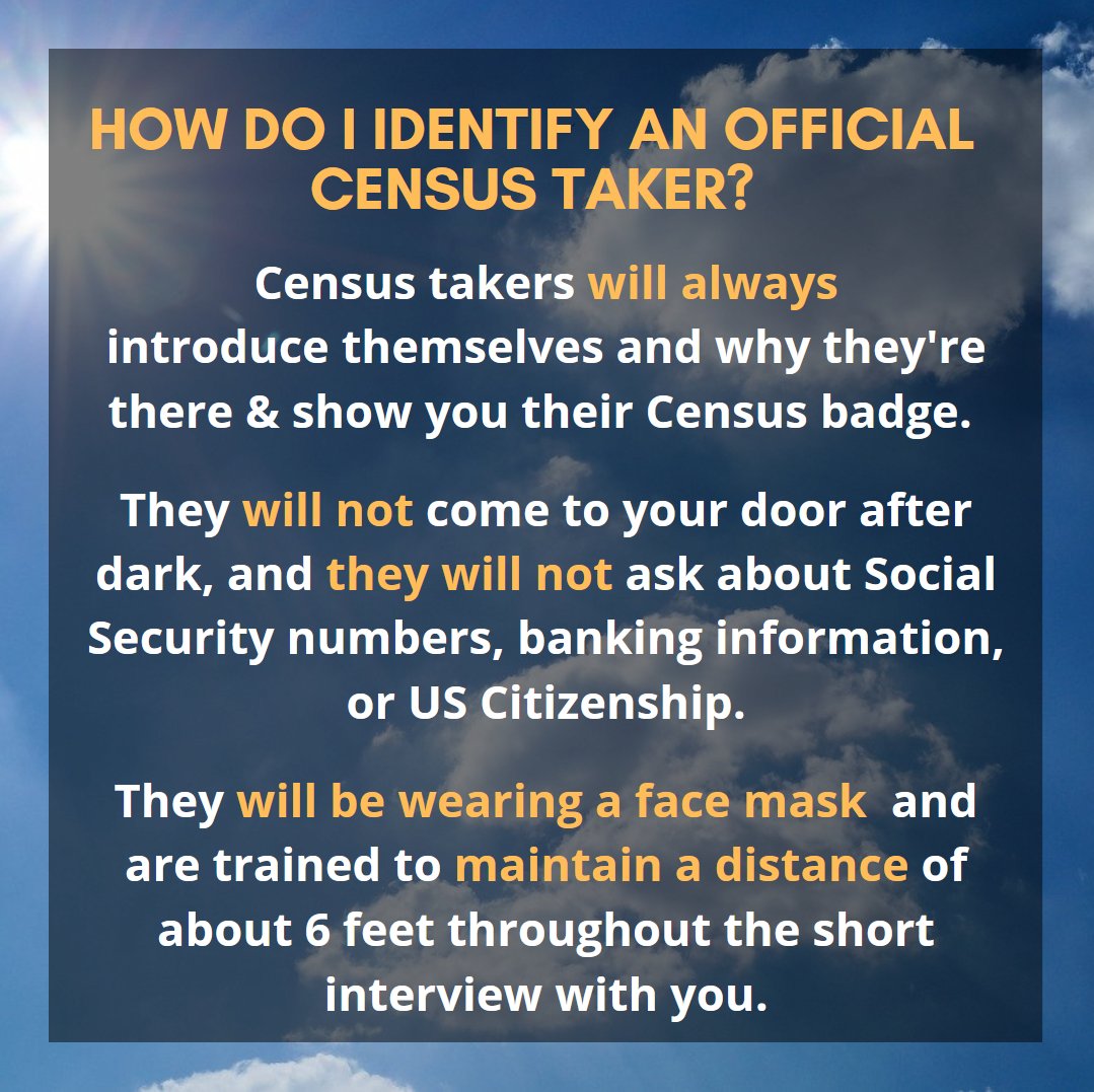 lwvct's tweet photo. Census takers will introduce themselves & display their Census badge.
They will NOT come to your door after dark & will NOT ask about Social Security numbers, banking info or Citizenship.
They will wear a face mask & maintain 6 ft of distance.
#CTCounts #2020Census #completecount https://t.co/JwvON4xQrg