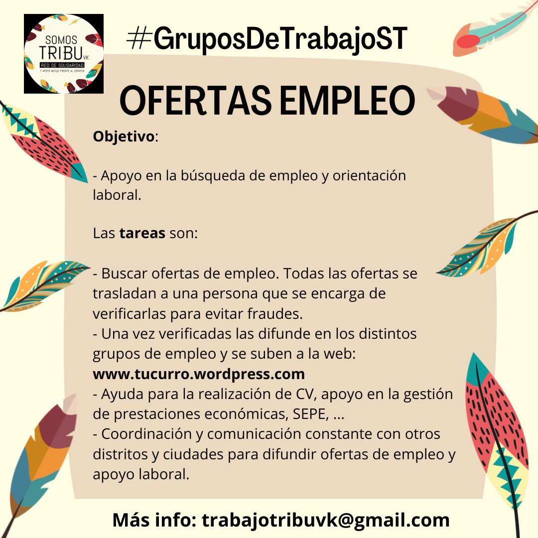 SomosTribuVK's tweet photo. Las vecinas de Vallekas no solo se han organizado en despensas solidarias, también en diversos grupos de trabajo. 
En esta ocasión los grupos relacionados con el empleo, visita la web donde vamos subiendo ofertas 👉🏽  https://t.co/hANlNPzHso 
#GruposDeTrabajoST #TodasSomosTribu https://t.co/cenLsTJhee