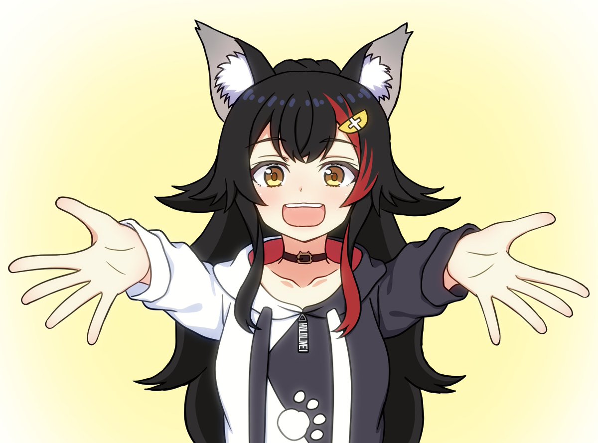 ookami mio 1girl animal ears solo wolf ears black hair streaked hair red hair  illustration images