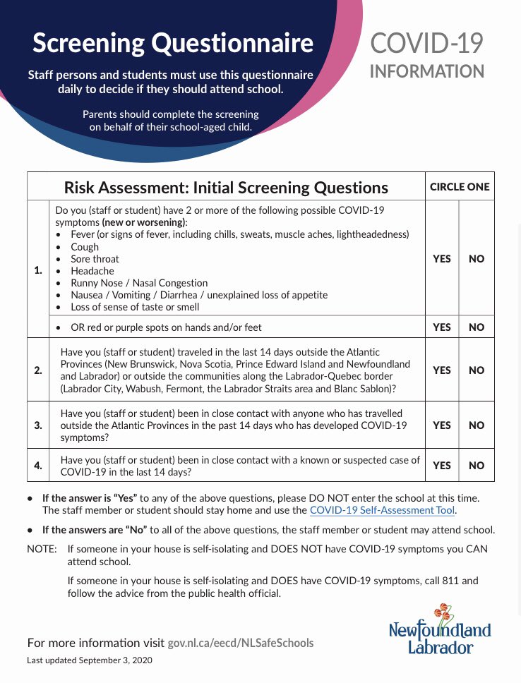 Important information❗️ ➡️Students, teachers and staff must use this questionnaire (updated Sept 3) daily to attend school. gov.nl.ca/eecd/files/Scr… #NLSafeSchools