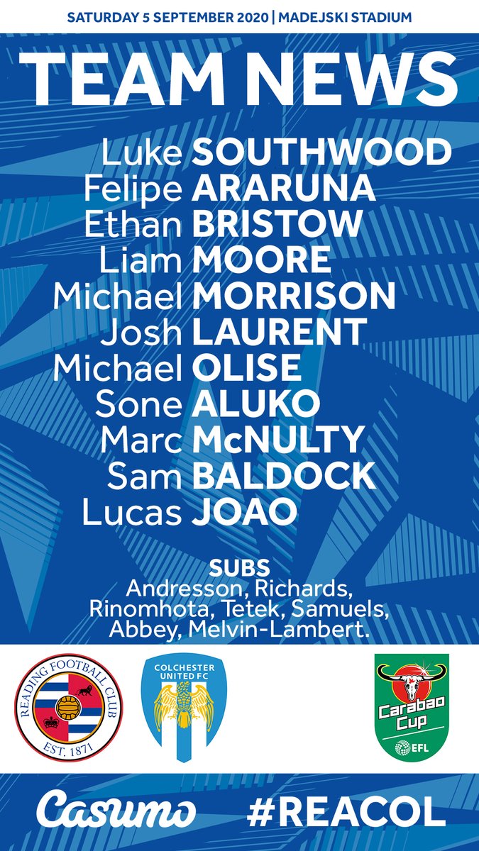 🚨 TEAM NEWS 🚨

Our first XI of the new season includes two debutants from <a href="/RFCAcademy/">Reading FC Academy</a> – goalkeeper <a href="/lukesouthwood1/">Luke Southwood</a> and 18-year-old defender Ethan Bristow, who is handed squad number 3️⃣8️⃣

And a competitive bow for @JoshLaurent28 in Royals colours, too!

#URZ #REACOL