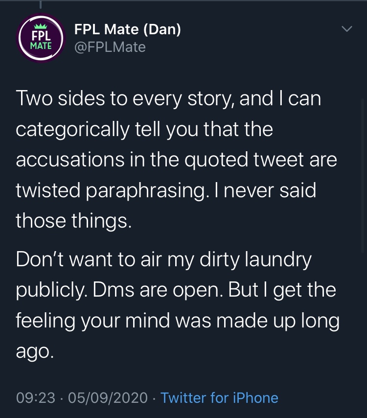Now, back to the Nym situationThis morning he posted this on  @FPL_Fly's post"accusations...are twisted paraphrasing. I never said those things." - he did, he called her mean, and condescending for called a 27-year-old man "hun" & "buddy". Even sweet Amy stepped in.