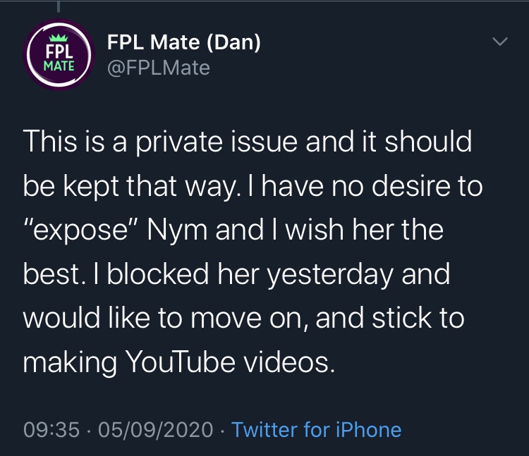 Oh, also this.Apparently it's a 'private issue', even though he blocked her so can hardly stay private right?And even threatened that he has the ability to "expose" Nym, but has 'no desire' to (true gent).Of what? Being an Arsenal fan? We already know hun, it's no secret.