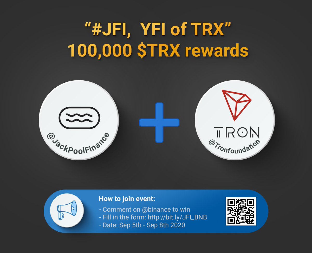 KYLE_VBC's tweet photo. Comment on @binance to win 100,000 TRX

1. Comment '#JFI,  YFI of TRX' to @BINANCE twitter: https://t.co/faUqGmln26

2. Like, Retweet this and @ 3 friends 

3. submit the form: https://t.co/gT4Vyu7KE0

Date: Sep 5th - Sep 8th, 2020

@jackpoolfinance #DeFi #TRX https://t.co/MMpsCAPAnF