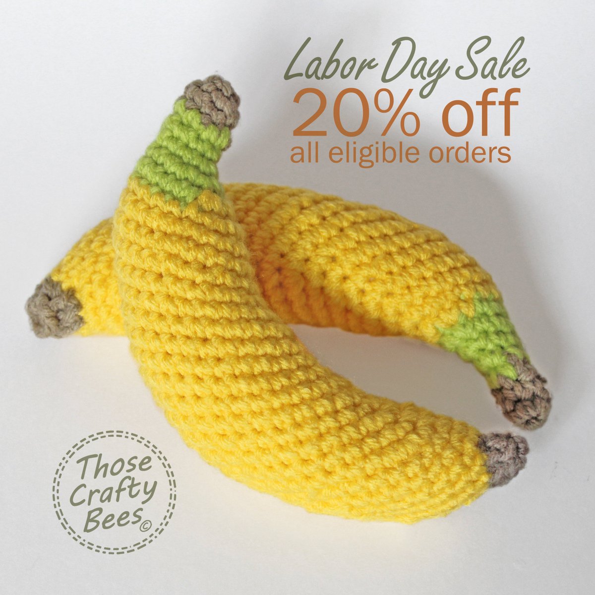 ThoseCraftyBees's tweet photo. Go Bananas this weekend with our Labor Day Sales :) 20% off eligible orders https://t.co/YSyPhloWID #etsy #thosecraftybees #etsyfinds #etsygifts #etsysale #etsycoupon #shopsmall #crochet #chrochet food #playfood #pretendPlay #kidkitchen #crochetbanana #crochetveggies https://t.co/ySPvd2Xk3h