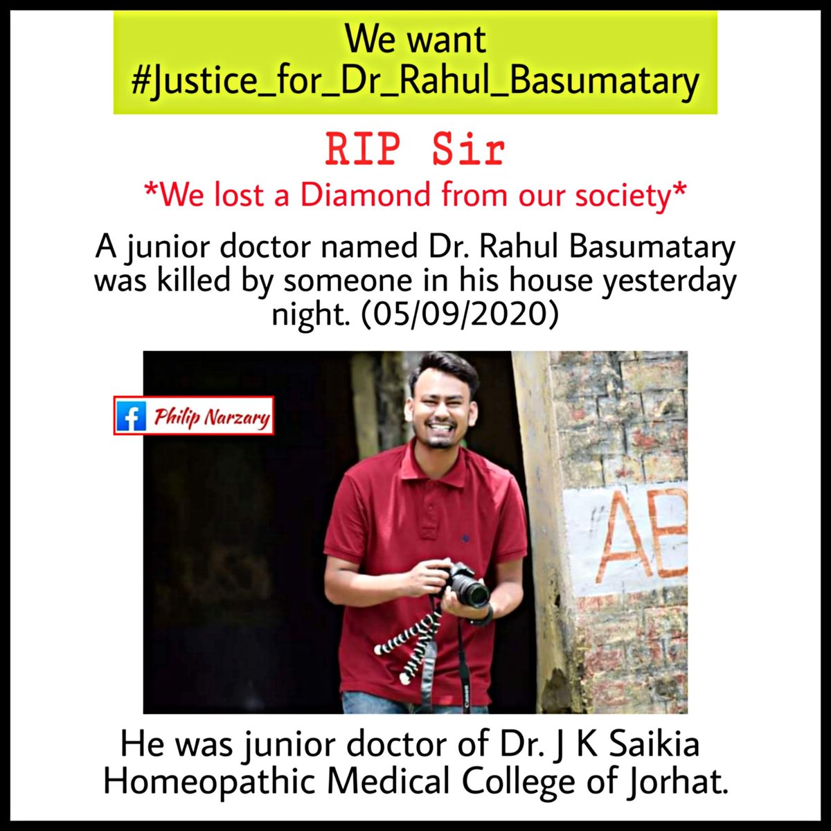 PhilipNarzary1's tweet photo. We want #Justice_for_Dr_Rahul_Basumatary
@sarbanandsonwal @himantabiswa @assampolice @CMOfficeAssam https://t.co/kKfh67tMDi