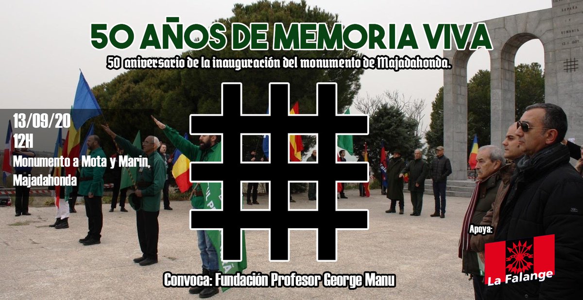 fe_majadahonda's tweet photo. Acto de conmemoración de la inauguración del Monumento en memoria de los camaradas rumanos Ion Mota y Vasile Marin, caídos por Dios, España y Rumania.

¡MAJADAHONDA SIEMPRE LEAL!

🗓 13 de Septiembre.
📍Carretera de Boadilla, tras el cementerio.
🕛 12:00h.

¡¡¡ACUDE!!! https://t.co/NjAqdUXWKw