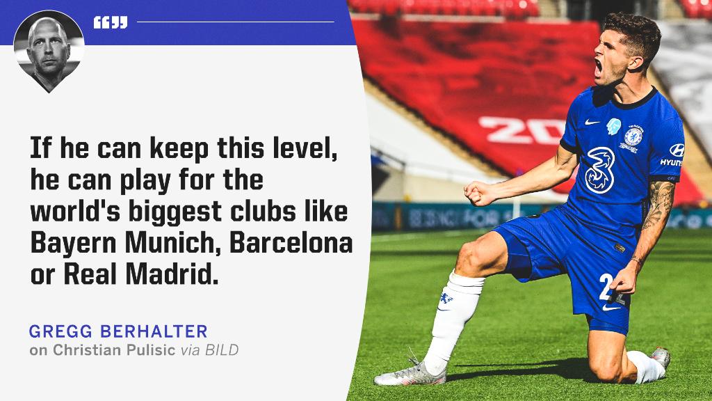 ESPNFC's tweet photo. Christian Pulisic has the potential to play for Bayern Munich, Real Madrid or Barcelona one day, according to USMNT head coach Gregg Berhalter. https://t.co/dCRcizOoQW https://t.co/0DhfaVG30r