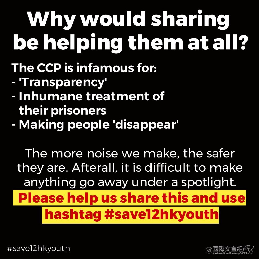 deinhk's tweet image. [Please spread #save12hkyouth]

Dear world, we still need more global attention for our 12 youngsters caught by China.

There’s zero transparency in China, and Hong Kong Government remains silent. 

We need more noises! 
#StandWithHongKong