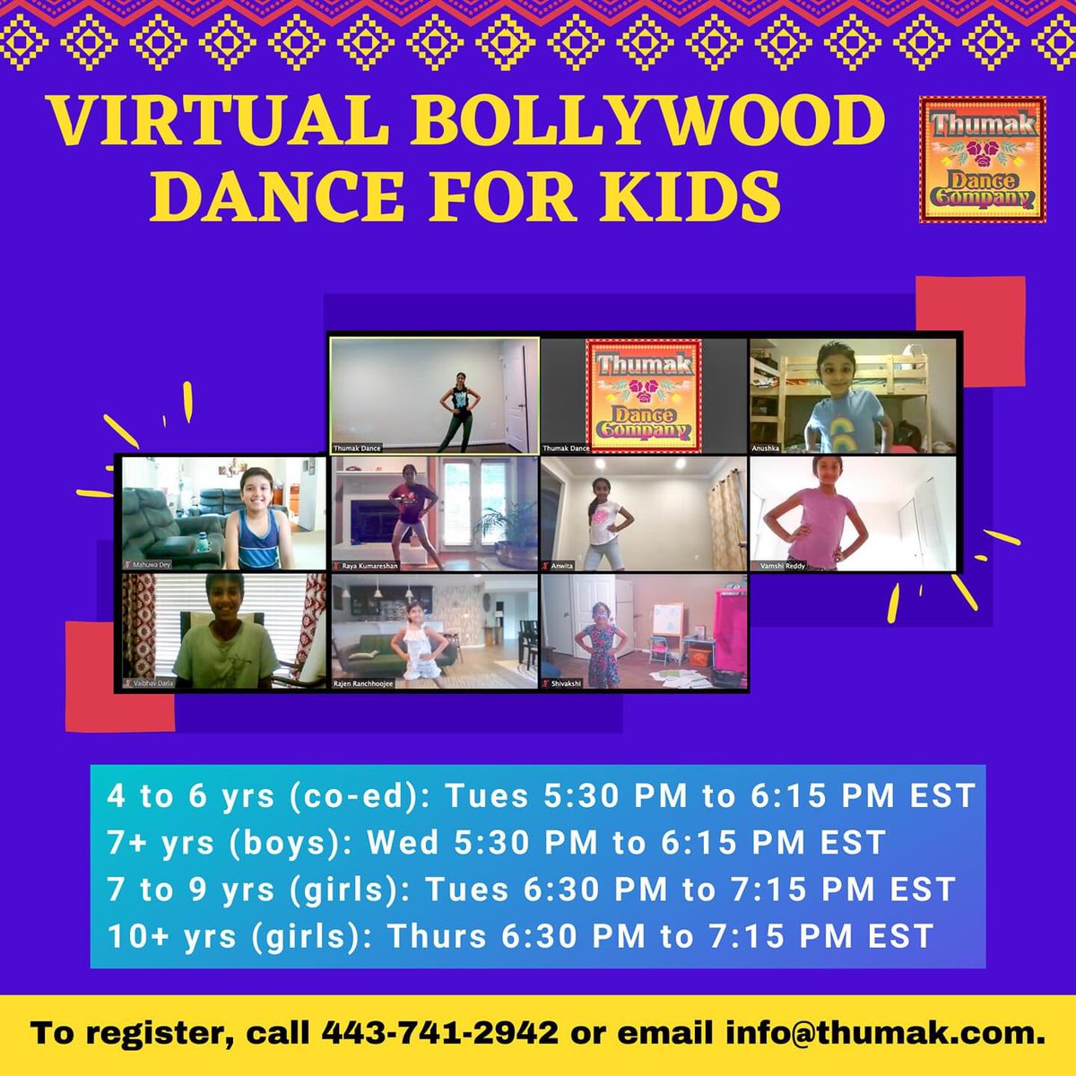 DanceThumak's tweet image. **𝑽𝑰𝑹𝑻𝑼𝑨𝑳 𝑩𝑶𝑳𝑳𝒀𝑾𝑶𝑶𝑫 𝑫𝑨𝑵𝑪𝑬 𝑭𝑶𝑹 𝑲𝑰𝑫𝑺**
Sign up your kids so they can learn fun dance routines from the comfort of their homes! New batch starts Sept 3. Get in touch with us and REGISTER NOW!
#bollywood #virtualdanceclasses #socialdistancing #zoomclasses