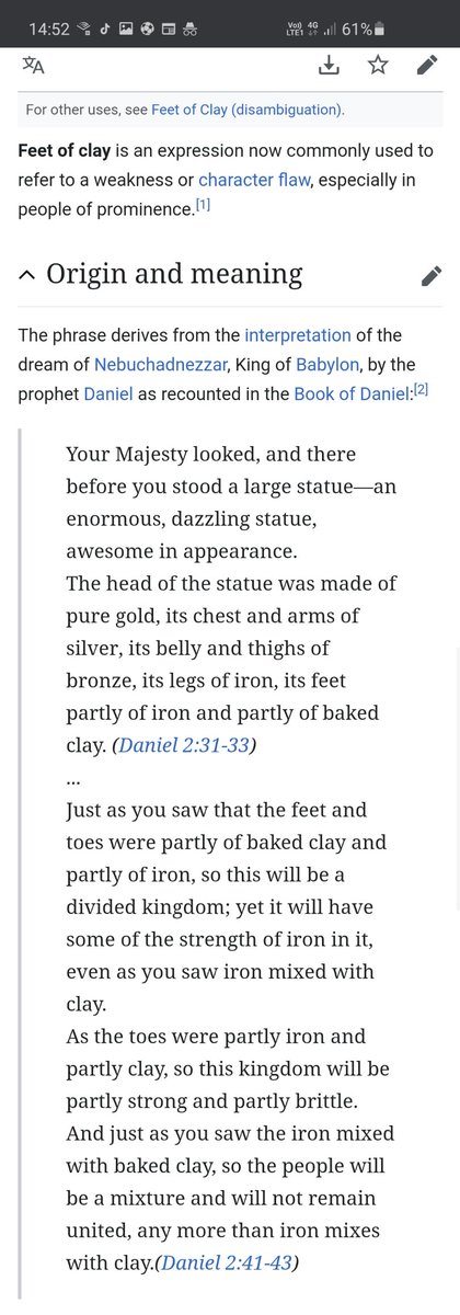 You probably knew this but I realised that "legs of stone" is a play on "feet of clay", an expression deriving from a VERY apt biblical reference.Seriously, read this:9/
