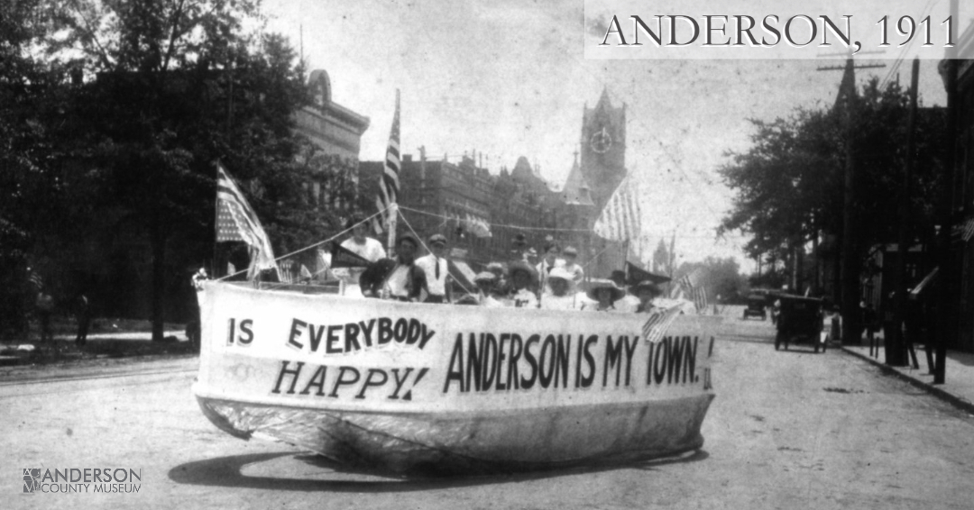 AndCountyMuseum's tweet photo. This picture is of a parade in Anderson in 1911. They are heading down Main Street near Earle Street. A car was pulling this float, rather than mules which were commonly used to pull floats in the early 1900's.  #andersonSC #andersonismytown #plugintoanderson https://t.co/rnRWk17A6g