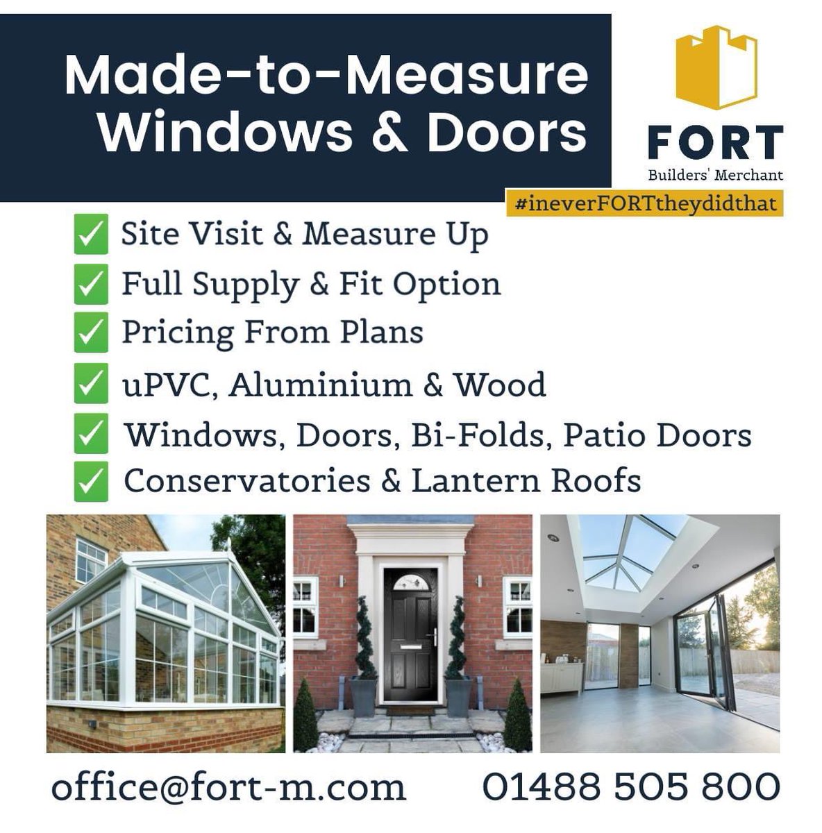 FORTMerchanting's tweet photo. Did you know that at FORT we can offer an extensive service on windows and doors?

✅ uPVC, Aluminium and Wood
✅ Wide range of standard and special Windows &amp; Doors
✅ Conservatories and Lantern Roof
✅ Site Visit and Measure Up
✅ Full Supply and Fit Option
✅ Pricing from Plans https://t.co/QhIZqgjnnf