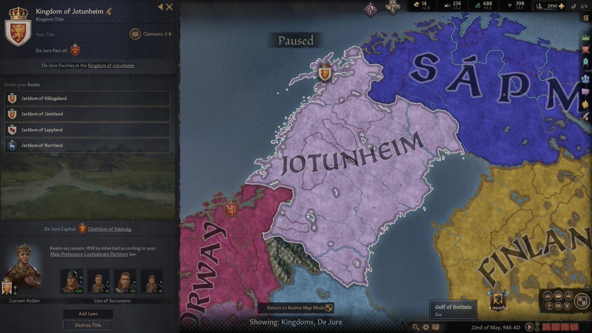 After much war Ylva has made the defining achievement of her reign, we've founded our own kingdom to ensure the jarldoms are not split on succession. She's now 50, so chances are King Ymir, our first giant will take over soon. Unless he's troll equivalent of Prince Charles 