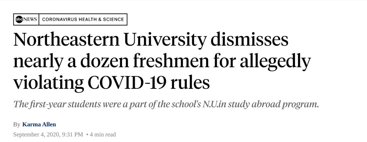 But that's not what's happening in colleges. Northeastern is reported to have dismissed 11 students found in violation of COVID gathering guidelines, and without refunding their $36,500 tuition for the semester.  https://twitter.com/Aging_Scientist/status/1301987853820456960