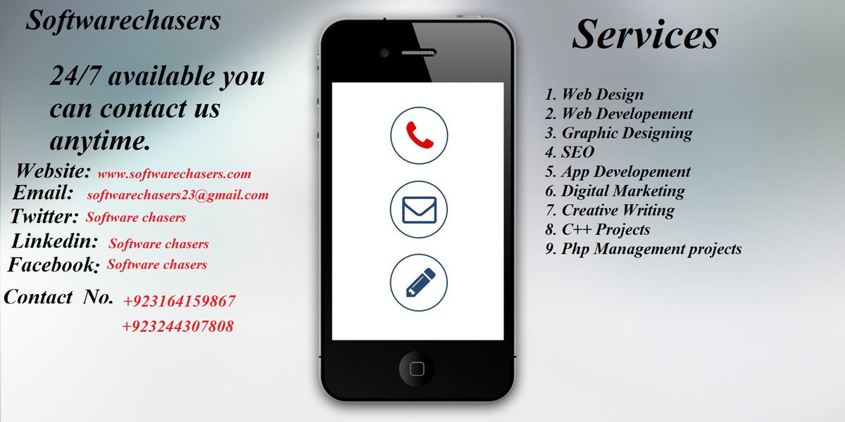 ChasersSoftware's tweet photo. If anyone wants to any services Team Software chasers 24/7 available for your help you can contact us anytime for more information you can visit our website
https://t.co/9PmBbgLnVT
=#webdesign #webdevelopement #digitalmarkewting #seo #Graphicdesigning #appdevelopement #phpproject https://t.co/7dXMwXzPdv