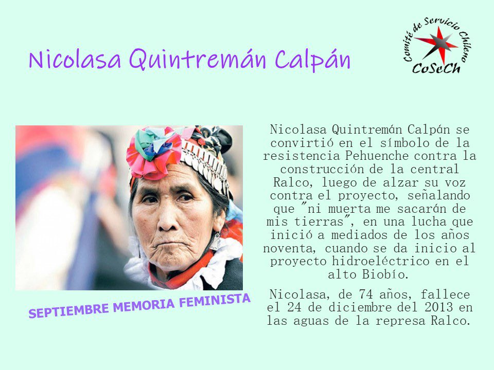 C_CoSeCh's tweet photo. 🔴#SeptiembreMemoriaFeminista espacio necesario donde pasado–presente se entrelazan, un ejercicio donde debemos unir nuestra historia pasada con los acontecimientos...
https://t.co/Q2orizyjtw
#NicolasaQuintreman #MacarenaValdes #DiaInternacionalDeLaMujerIndigena #COSECH #memoria https://t.co/N6ZdhoZA23