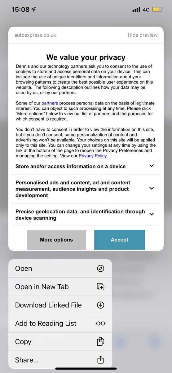 dkontaris's tweet photo. The consent for tracking is rendering the peek and pop feature for websites practically useless https://t.co/S2PpGooJi7