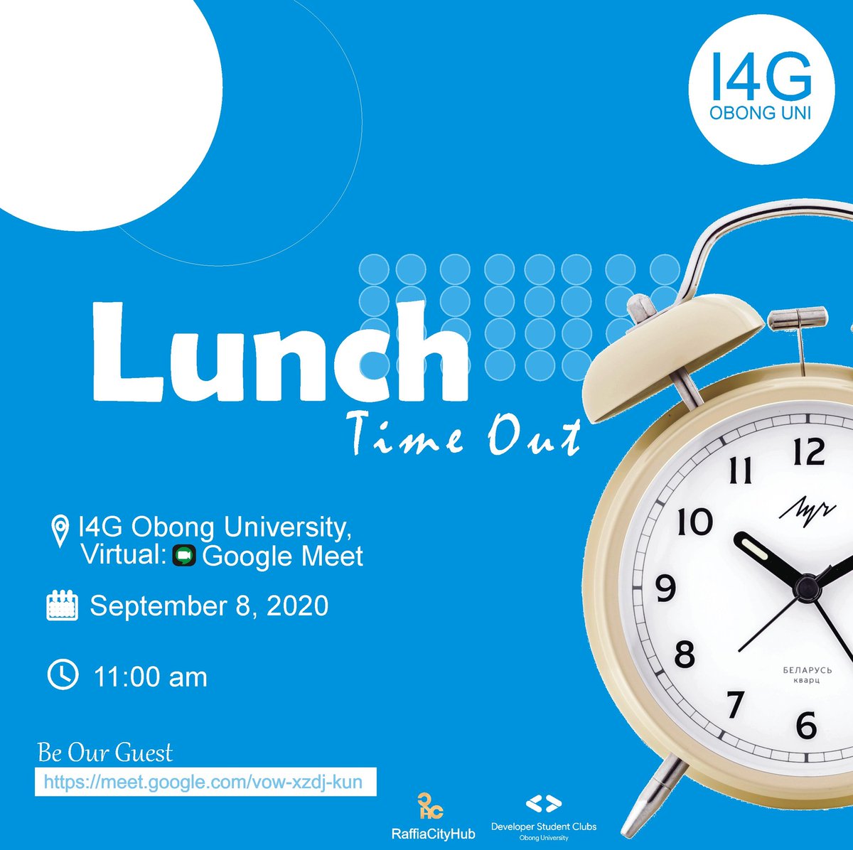 I4gObong's tweet photo. Hello 👋 guys, keep a date with us as we have Lunch and talk about Tech virtually, I4G OBONG will be having a Lunch 🍽 time out and you're cordially invited, be our guest on,   Meeting URL: https://t.co/R3zH4O6LOa  let's make it count guys, on the Tuesday 8 September 2020. https://t.co/qVT9IvmNKl