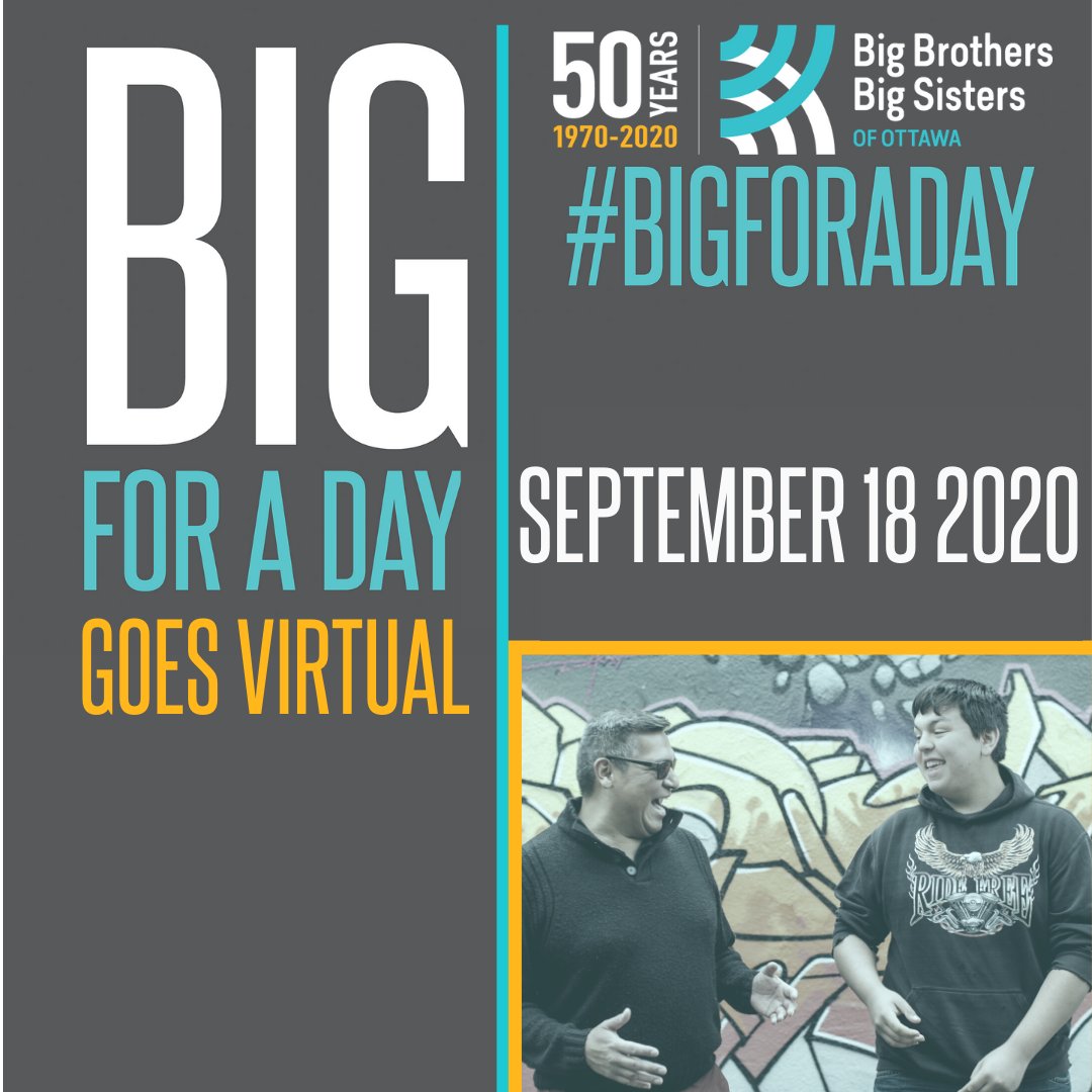 #BigForADay is almost here! On #BBBSDay Fri Sept 18 community leaders, politicians &amp; public figures will be Honourary BIGS &amp; paired with 3 Littles for virtual 1:1 speed mentoring to chat and answer Qs! Stay tuned to find out who our Bigs will be! #BiggerTogether #Ottawa #Ottnews