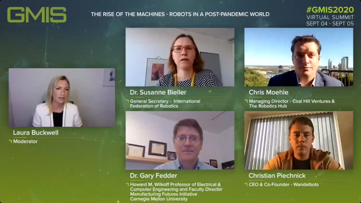 Happening now - Panel discussion: The rise of machines: robots in a post-pandemic world with - Susanne Bieller @IFR_Robots, Chris Moehle @TheRoboticsHub, Dr. Gary Fedder @CarnegieMellon & Christian Piechnick @wandelbots. Watch live now at bit.ly/31RFLvt #GMIS2020