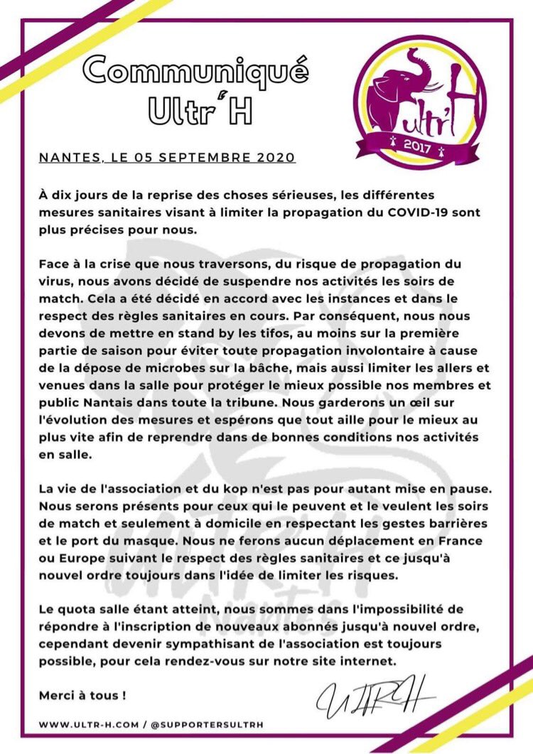 ultrhnantes's tweet image. Communiqué début de saison 📝