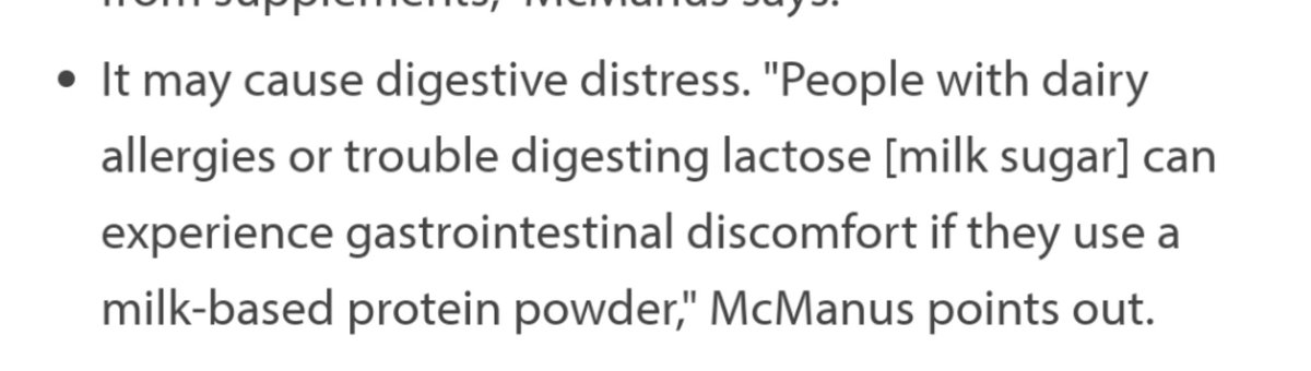 3. "Digestive distress from lactose"Bc if you're lactose intolerant, any dairy will trigger the symptoms. Oh oh, for those people, whey protein isolate is still easier on the gut, and they can tolerate it pretty well. Nobody's talking about that for some reason.