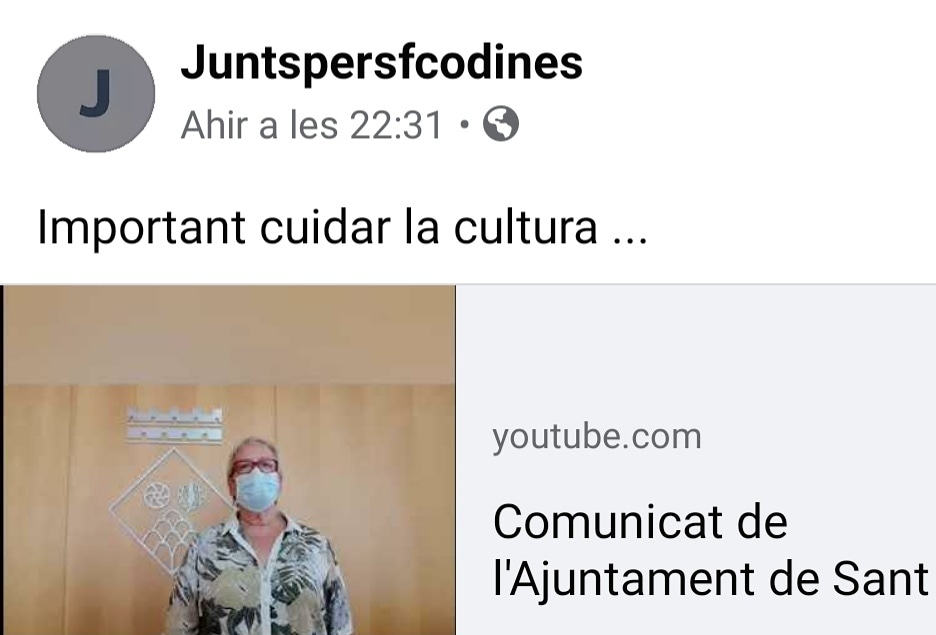 Comunicat de l'Ajuntament de Sant Feliu de Codines i La Comissió de Festes*
La *FESTA MAJOR 2020 S'ANUL·LA*
Volem apostar per la *Cultura* , un sector greument perjudicat per la pandèmia.
Del *17 al 20 de setembre* proposem actes *culturals controlats*
 santfeliudecodines.cat