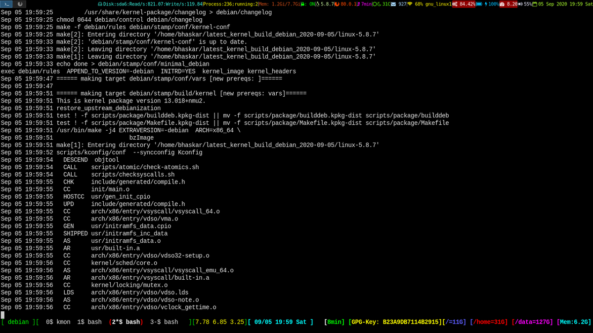 unixbhaskar's tweet photo. Building #debian #kernel package with the latest stable kernel  :)

#linux #sysadmin #linuxadmin #git #bash #commandline #i3 #terminal #opensource #gnuscreen #linuxkernel https://t.co/dVtXtCdSoz
