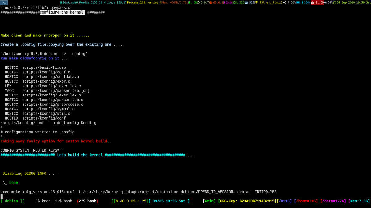 unixbhaskar's tweet photo. Building #debian #kernel package with the latest stable kernel  :)

#linux #sysadmin #linuxadmin #git #bash #commandline #i3 #terminal #opensource #gnuscreen #linuxkernel https://t.co/dVtXtCdSoz