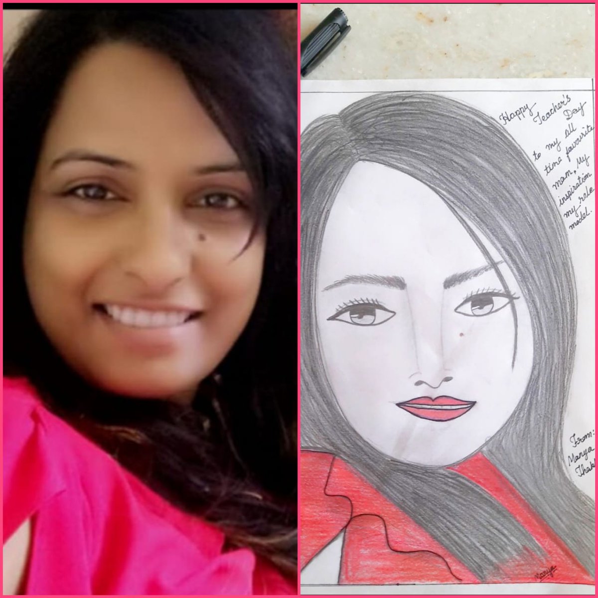 ZebarSchool's tweet photo. Teachers are idols for young minds. A Sketch made by  a student Manya Thakkar of class 8 on Teachers' Day for her  Educator  Shweta Asarsa. #toistudent #MyTeacherMyHero
@Sharmis99105095 @b_mili18 @panks17288
#TeachersFromIndia  #OurTeachersOurHeroes
#zebar #schoolsofahmedabad https://t.co/uX5yCGlhCh