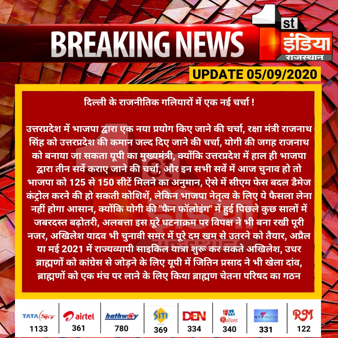 1stIndiaNews's tweet photo. #Delhi: राजनीतिक गलियारों में एक नई चर्चा !

उत्तरप्रदेश में भाजपा द्वारा एक नया प्रयोग किए जाने की चर्चा, रक्षा मंत्री राजनाथ सिंह को उत्तरप्रदेश की कमान जल्द दिए जाने की चर्चा, योगी की जगह राजनाथ को बनाया जा सकता यूपी का मुख्यमंत्री...

#uttarpradesh #Politics https://t.co/WF5i8xixcJ